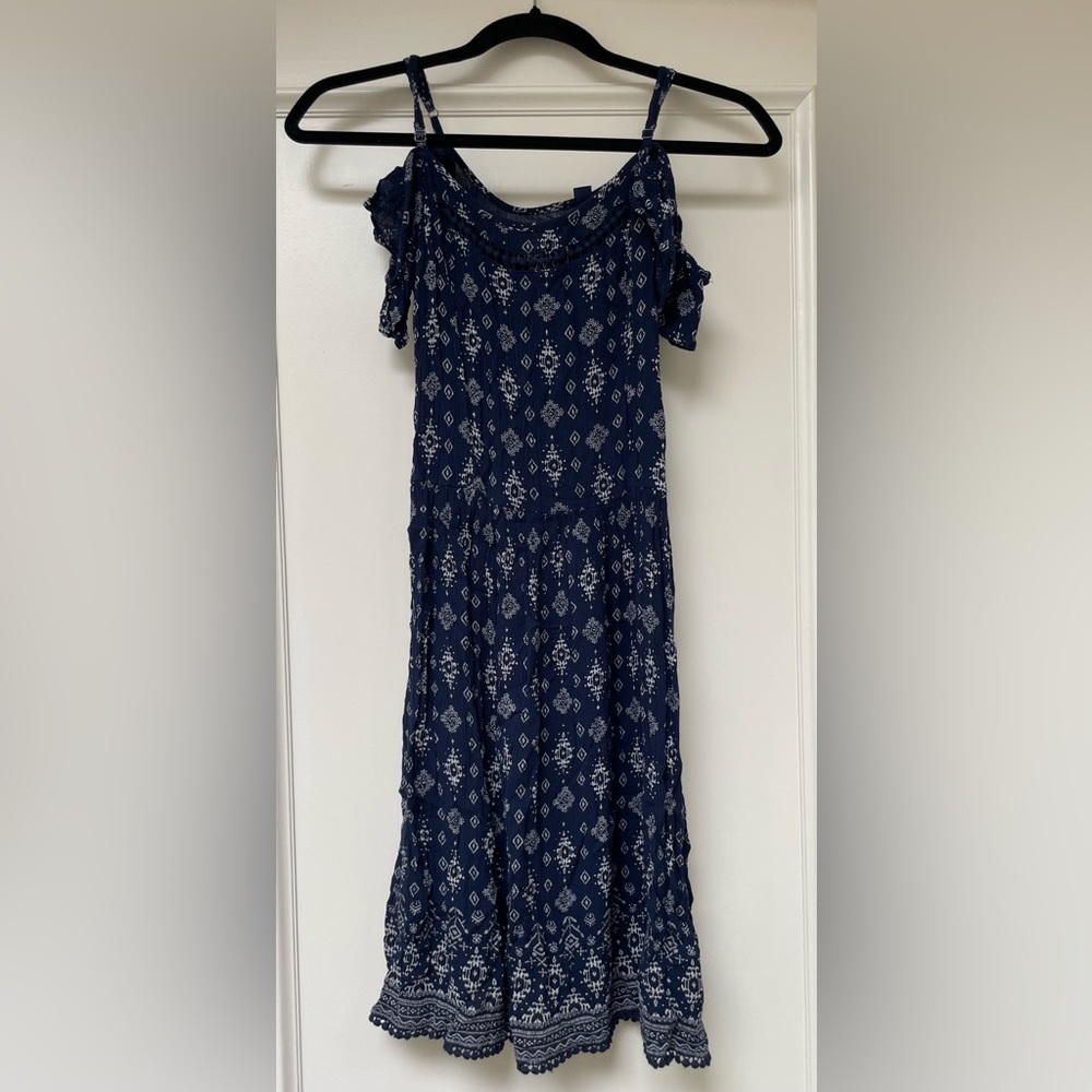Superdry Size XS Patterned Off Shoulder Crinkled Womens Navy Dress